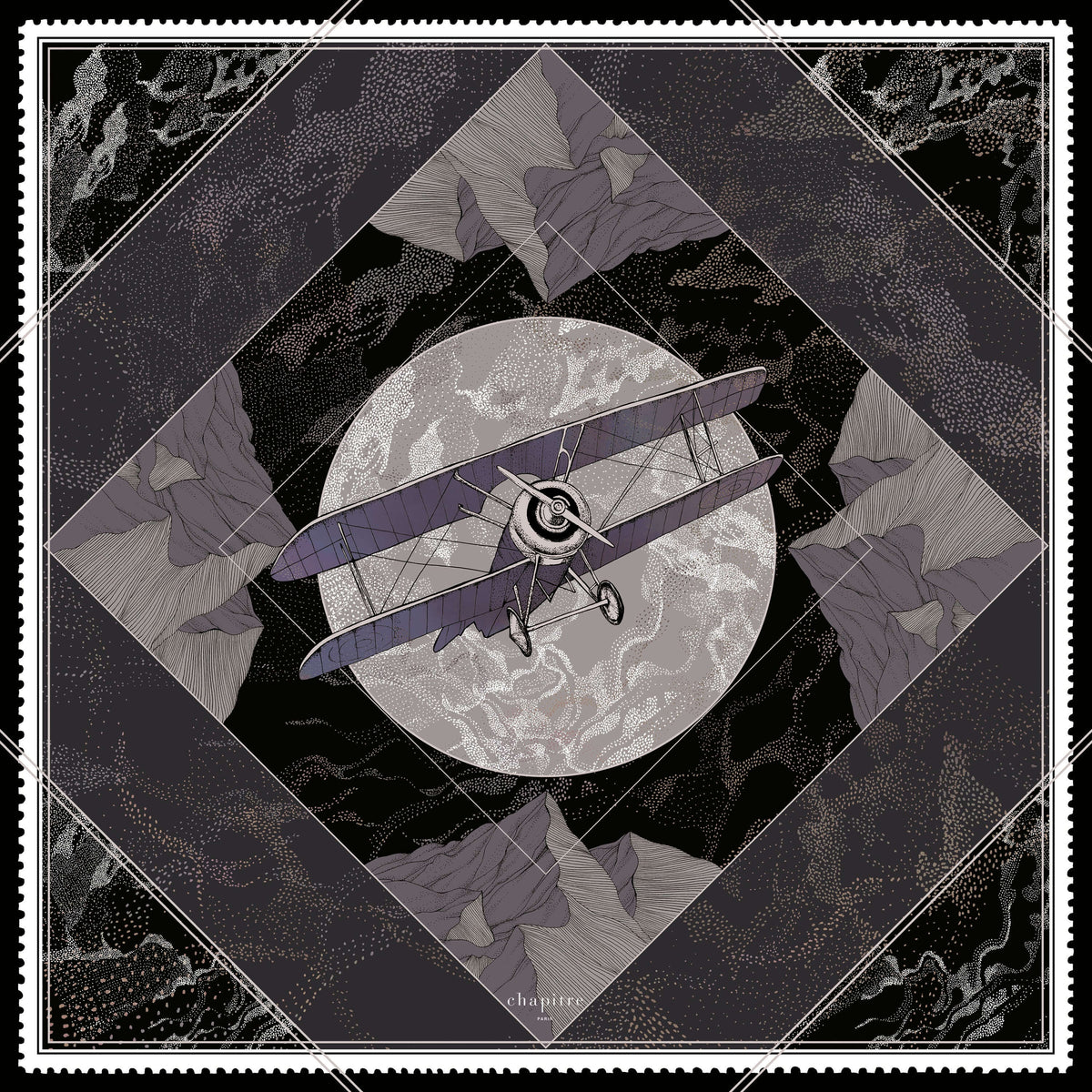 Carré de soie 90 Vol de Nuit - fabriqué en France.Découvrez ce beau carré 100% soie, foulard motif avion pour homme et pour femme, roulotté à la main et fabriqué en France.