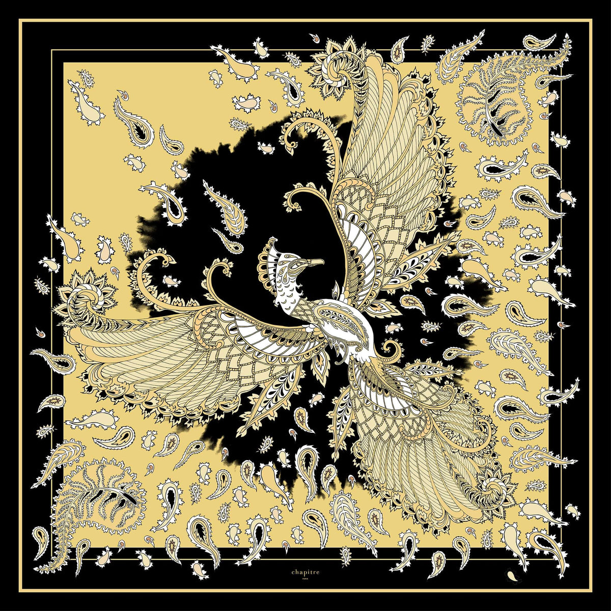 Carré de soie 45 L&#39;Oiseau de FeuDécouvrez ce beau carré 100% soie, foulard jaune motif phénix et flammes pour homme et pour femme, roulotté à la main et fabriqué en France.