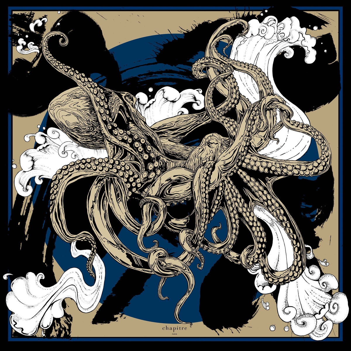 Grand carré de soie 20000 Lieues Sous les Mers.Découvrez ce beau carré 100% soie, foulard motif pieuvre pour homme et pour femme, roulotté à la main et fabriqué en France.