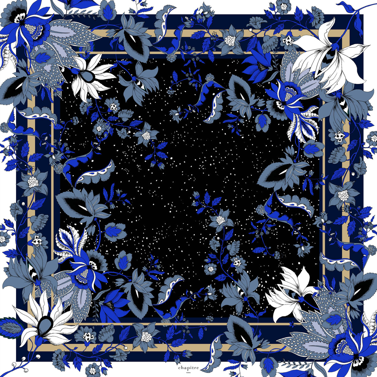 Carré de soie 45 Nuit Les Mille et Une NuitsDécouvrez ce beau carré 100% soie, foulard bleu motif fleurs et étoiles pour homme et pour femme, roulotté à la main et fabriqué en France.